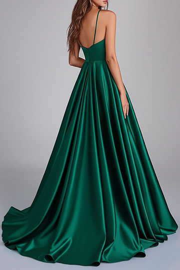 Dark Green A-Line Spaghetti Straps Satin Long Prom Dress with Slit